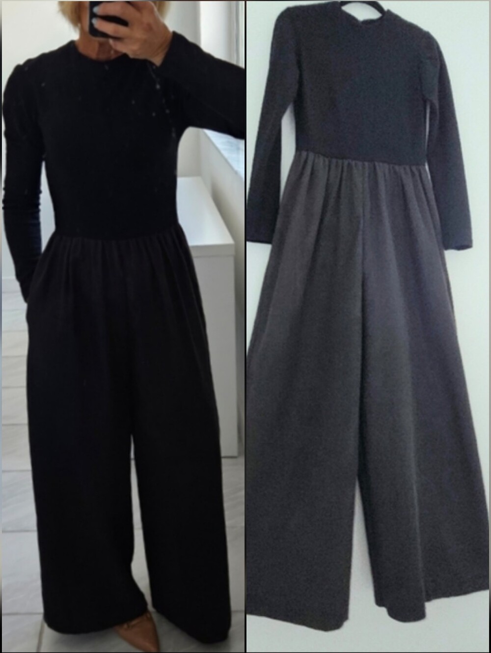 Bill Blass 1970's Black Long Sleeve Crew Top Taffeta Wide Leg Jumpsuit